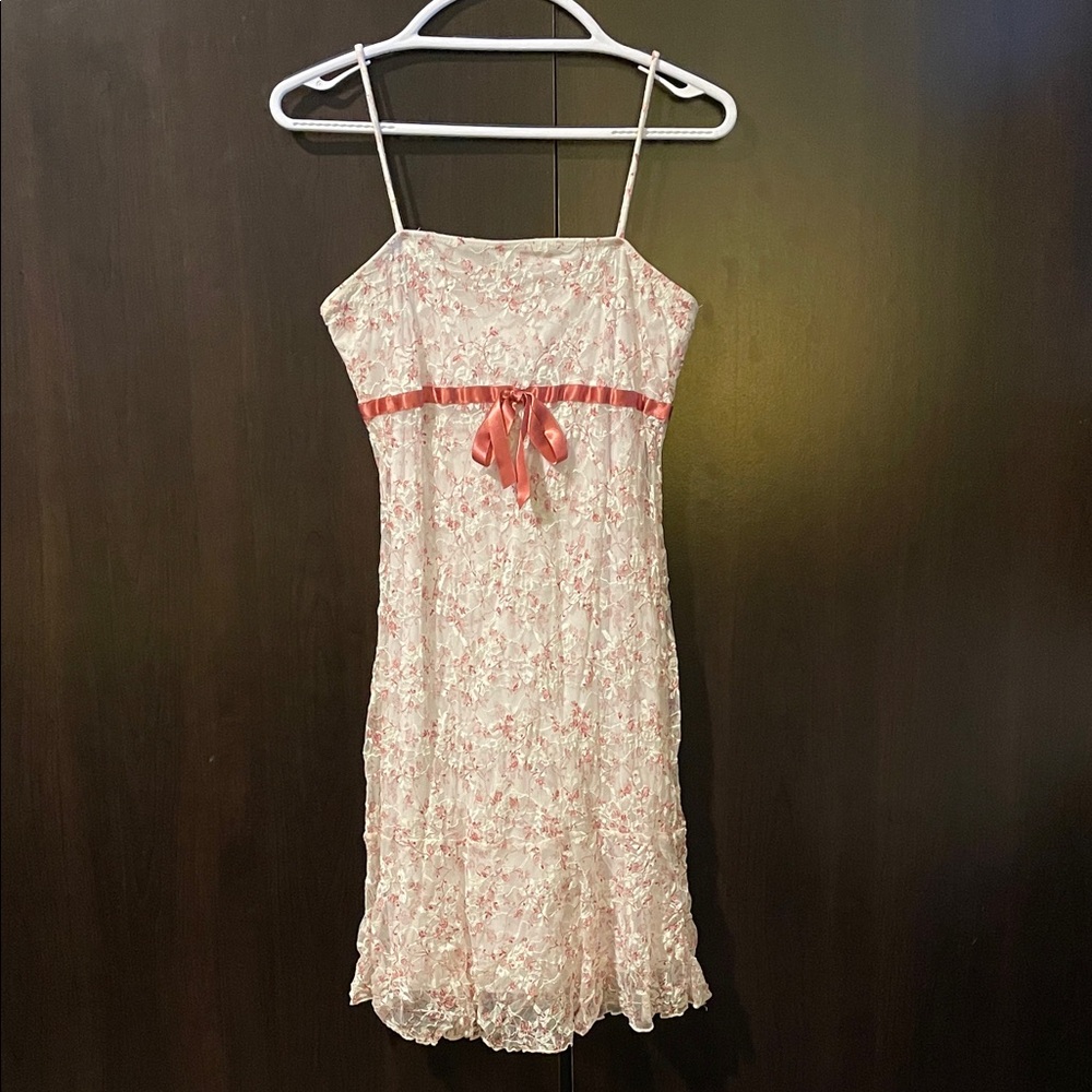 Floral Spaghetti Strap Dress with Pink Ribbon